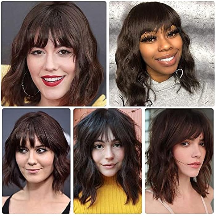 DILLARDS 14 Inch Short Wavy Dark Brown Bob Wigs With Bangs Short Dark Brown Curly Wig For Women,Heat Resistant Synthetic Natural Looking Cosplay Bob Wigs (Dark Brown) - Image 4